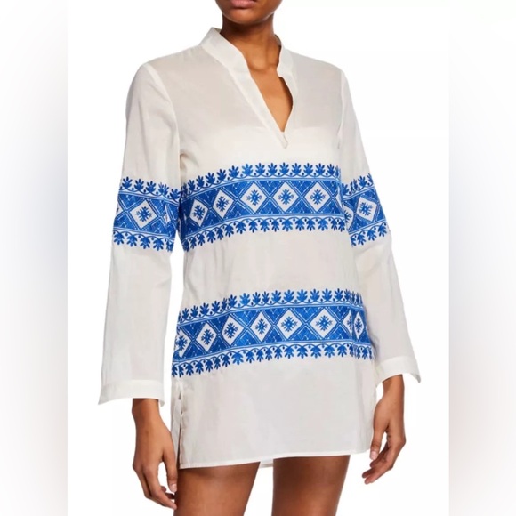 Tory Burch Stephanie Embroidered Coverup Tunic Top Ivory/blue Sz M NWT - Picture 1 of 13
